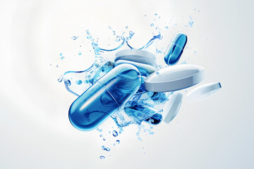 Medicines, pills, vector illustration, blue tones, white background, simple icon style.