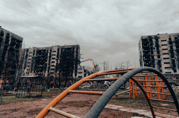 destroyed and burned houses in the city Russia Ukraine war