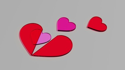 Cztery szklane czerwone różowe purpurowe serca na szarym tle wychodzące z dużego czerwonego serca - obrazy, fototapety, plakaty