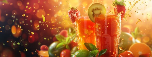 Vibrant smoothie splashing design featuring a healthy mix of fruits and vegetables, ideal as a background for banners with ample copy space - Concept of nutritious and refreshing beverages
 - obrazy, fototapety, plakaty