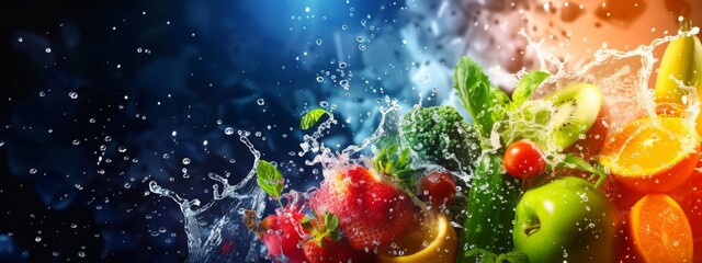 Vibrant smoothie splashing design featuring a healthy mix of fruits and vegetables, ideal as a background for banners with ample copy space - Concept of nutritious and refreshing beverages
