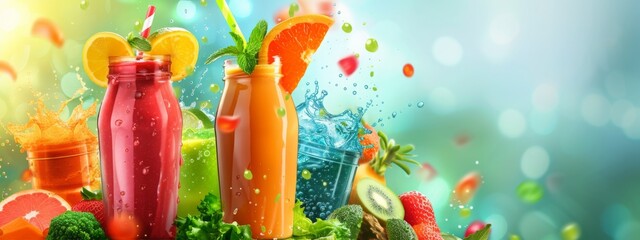 Dynamic banner featuring a healthy mixed vegetable and fruit smoothie with a splashing design and ample copy space - Concept of nutritious and vibrant beverage options
