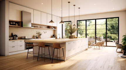 Kitchen interior in beautiful new luxury home in bright modern minimal style