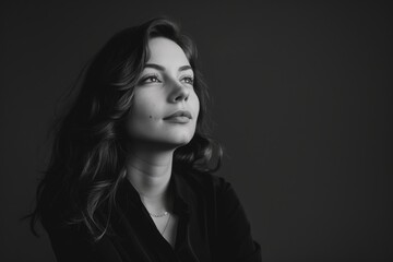 Naklejka premium Successful Woman in Monochrome. Confident Female Portrait on Solid Background. Perfect for Business, Leadership, and Achievement Concepts. Ideal for Corporate Presentations and Marketing Materials