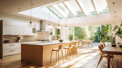 Kitchen interior in beautiful new luxury home in bright modern minimal style
