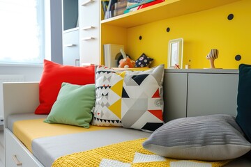 A Yellow Rectangle Pillow Adds Comfort to the Bedroom's Interior Design.