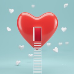The stairs lead up to a door with a big red heart. Minimal idea Valentine concept. 3D Rendering
