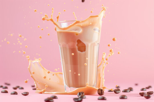 Iced latte coffee glass with splash on a pink background with elements of coffee beans