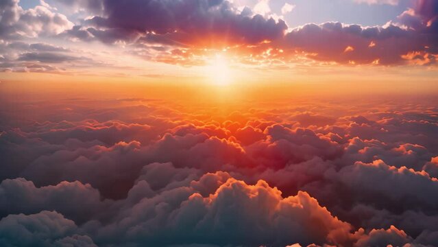 Flying over the evening clouds with the late sun. Colorful sunset and magical clouds. Seamlessly looped animation. Flight through moving cloudscape with beautiful sun rays. Perfect for cinema, backgro