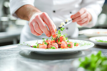 Obraz na płótnie Canvas Chef Garnishing Plates with Precision in Kitchen.