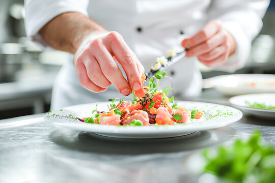 Chef Garnishing Plates with Precision in Kitchen.