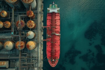 Overhead Perspective Of Enormous Red Cargo Ship Docked Next To Industrial Oil Tanks