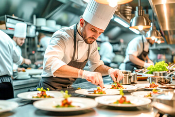 Fototapeta na wymiar Chef Garnishing Plates with Precision in Kitchen.