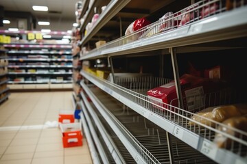Spacious supermarket room with empty shelves and baskets