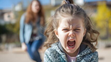 A little girl is screaming with her mouth open while a woman looks on