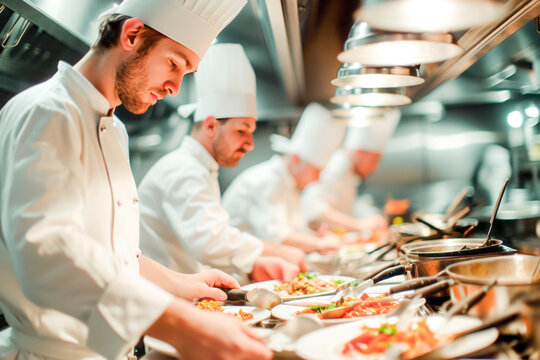 Team of Chefs Preparing Dishes in Busy Kitchen.