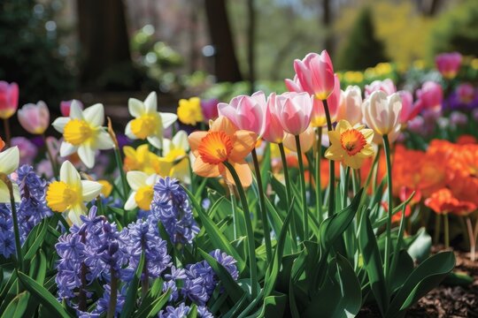 Vibrant Mix Of Tulips, Daffodils, And Hyacinths Adorns The Blossoming Spring Garden - Powered by Adobe