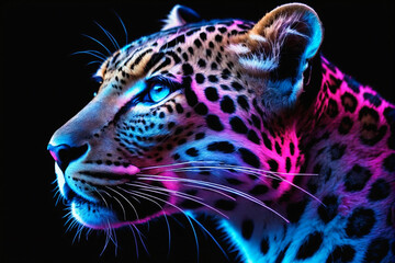 A profile portrait of a leopard with neon blue and pink lighting accents against a dark background, creating a striking and artistic representation of wildlife