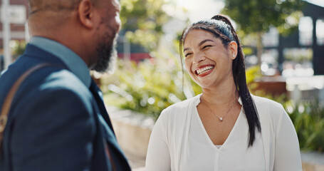 Business people, laughing and discussion outdoor in city with morning commute, partnership and travel. Employees, man and woman with conversation, collaboration and happy for networking in urban town