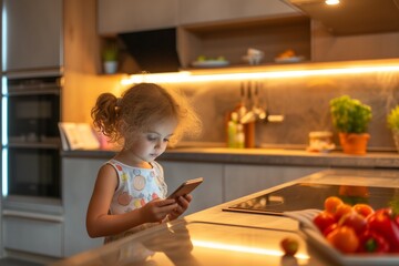 Child Using Smartphone In Modern Kitchen, Blending Family And Technology - obrazy, fototapety, plakaty