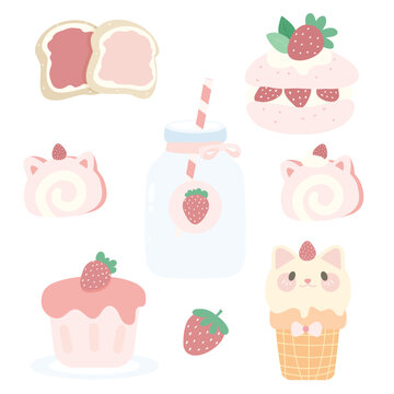 Cute kawaii pastel pink sweet strawberry dessert, bread, ice cream and cakes vector clipart