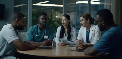 The medical team holds a meeting in the office room