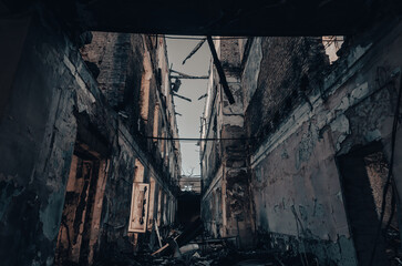 destroyed and burned houses in the city Russia Ukraine war