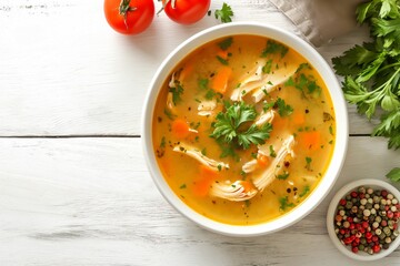 Top view of a bowl with chicken soup on a white wooden background with space for text