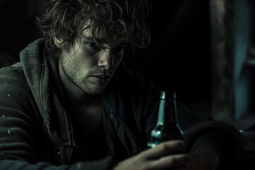 Fototapeta na wymiar Depressed Man With Tousled Hair, Holding Beer Bottle, Isolated In Dark Room
