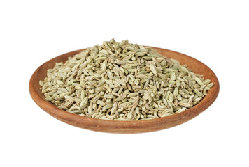 flat lay overhead dry fennel seed sounf isolated on white background in wood bowl