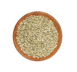 flat lay overhead dry fennel seed sounf isolated on white background in wood bowl