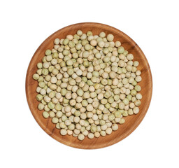 flat lay overhead above dry green pea matar isolated on white background in wood bowl