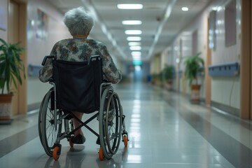 Obraz premium Rehabilitation Of Disabled Elderly Woman In Wheelchair Receives Healthcare In Hospital