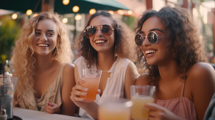 Group of beautiful happy women meeting outdoors and having fun drinking in a cafe shop