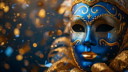 Fotobehang A blue and gold mask is surrounded by gold confetti. © wcirco