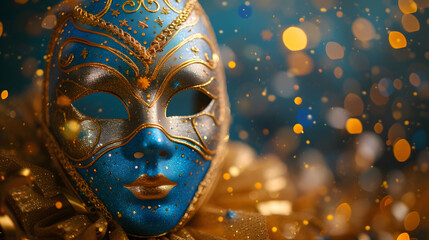 A blue and gold mask is surrounded by gold confetti.