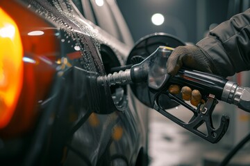 Fototapeta premium Closeup Shot Of Car Being Refueled At Gas Station