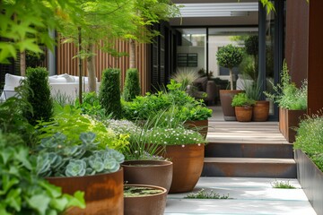 Stylish Pots Showcase Variety Of Plants In Green Oasis Of Home Garden Interior