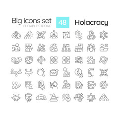 Holacracy structure linear icons set. Power distribution. Operational process. Governance meetings. Customizable thin line symbols. Isolated vector outline illustrations. Editable stroke