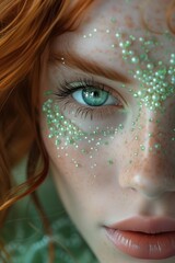 Young Woman with Red Hair Adorned in Neon Mint Green Pearls and Sparkles