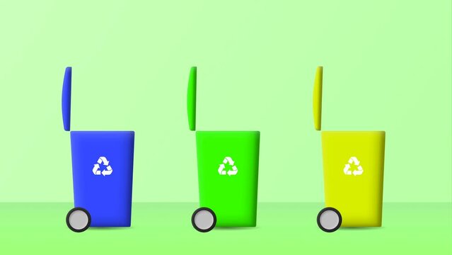 Des poubelles de tri bleu, verte et jaune pour repr&eacute;senter le tri selectif