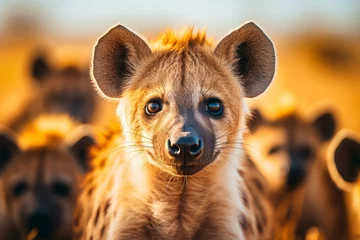 Tuinposter Pack of hyenas on thrilling safari adventure in vibrant savannah landscape with wildlife © chelmicky
