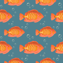 Seamless pattern, beautiful sea fish and bubbles in the water. Aquarium background, underwater life, vector