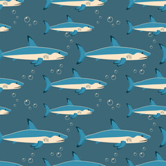 Seamless pattern, beautiful sea fish and bubbles in the water. Aquarium background, underwater life, vector