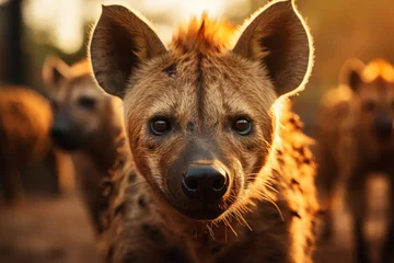 Schilderijen op glas Thrilling safari adventure. Pack of hyenas in the vibrant savannah landscape with diverse wildlife © chelmicky