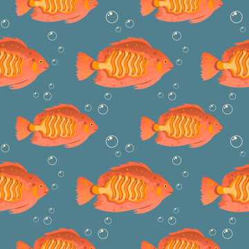 Seamless pattern, beautiful sea fish and bubbles in the water. Aquarium background, underwater life, vector