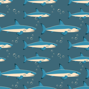 Seamless pattern, beautiful sea fish and bubbles in the water. Aquarium background, underwater life, vector