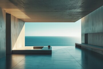 Tranquil Retreat: Minimalist Interior With Serene Ocean Views For A Calm And Relaxing Ambience