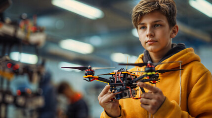 Focused Boy with Drone in Technology Workshop. Generative AI