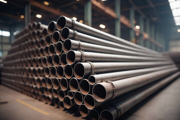 A stack of steel pipes in a warehouse or factory with a blurry background 